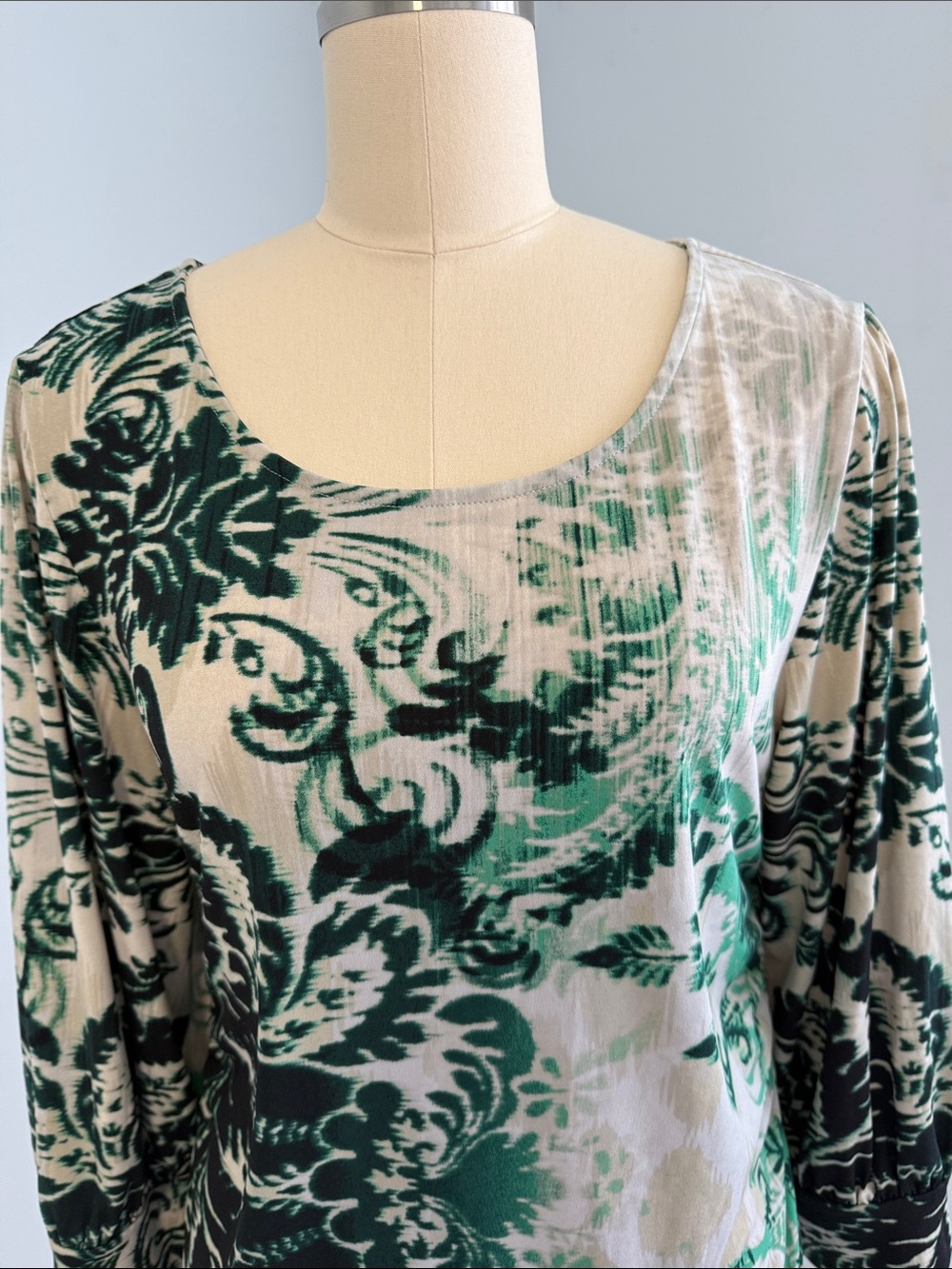 Alfani Green and Cream Floral Scoop Neck Long Sleeve Top SZXL - Picture 3 of 15